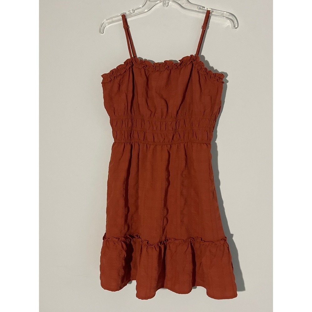 June & Hudson Rust Orange Smocked Mini Dress Ruffle Trim Spaghetti Strap Boho M